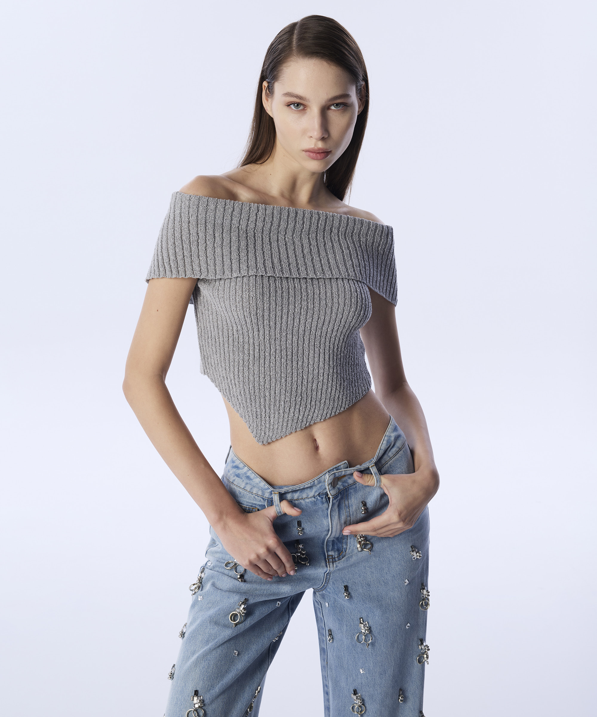 ASİMETRİK ETEK UÇLU CROP TRİKO - TS1250050104005 - Gri Triko & Kazak