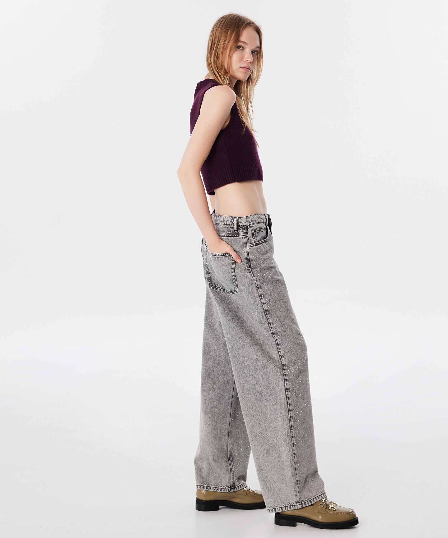 Gri BASKILI WIDE LEG FİT JEAN PANTOLON TW6240018019005 | TWIST