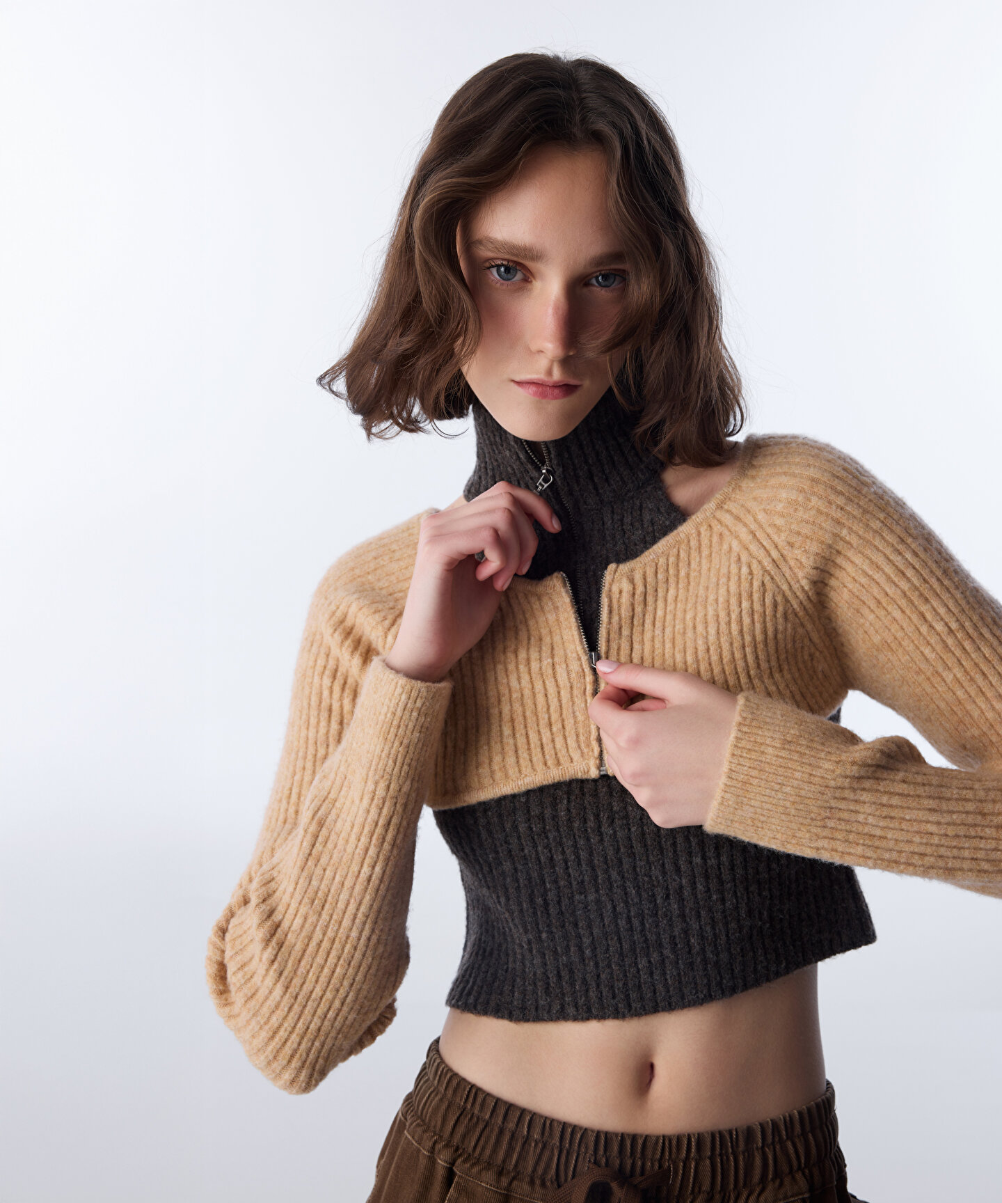 DIFFERENT IS OK Ribbed Cut-out シズニルック Kahverengi ÇİFT PARÇA GÖRÜNÜM CUTOUT TRİKO TW6250050609027 | TWIST