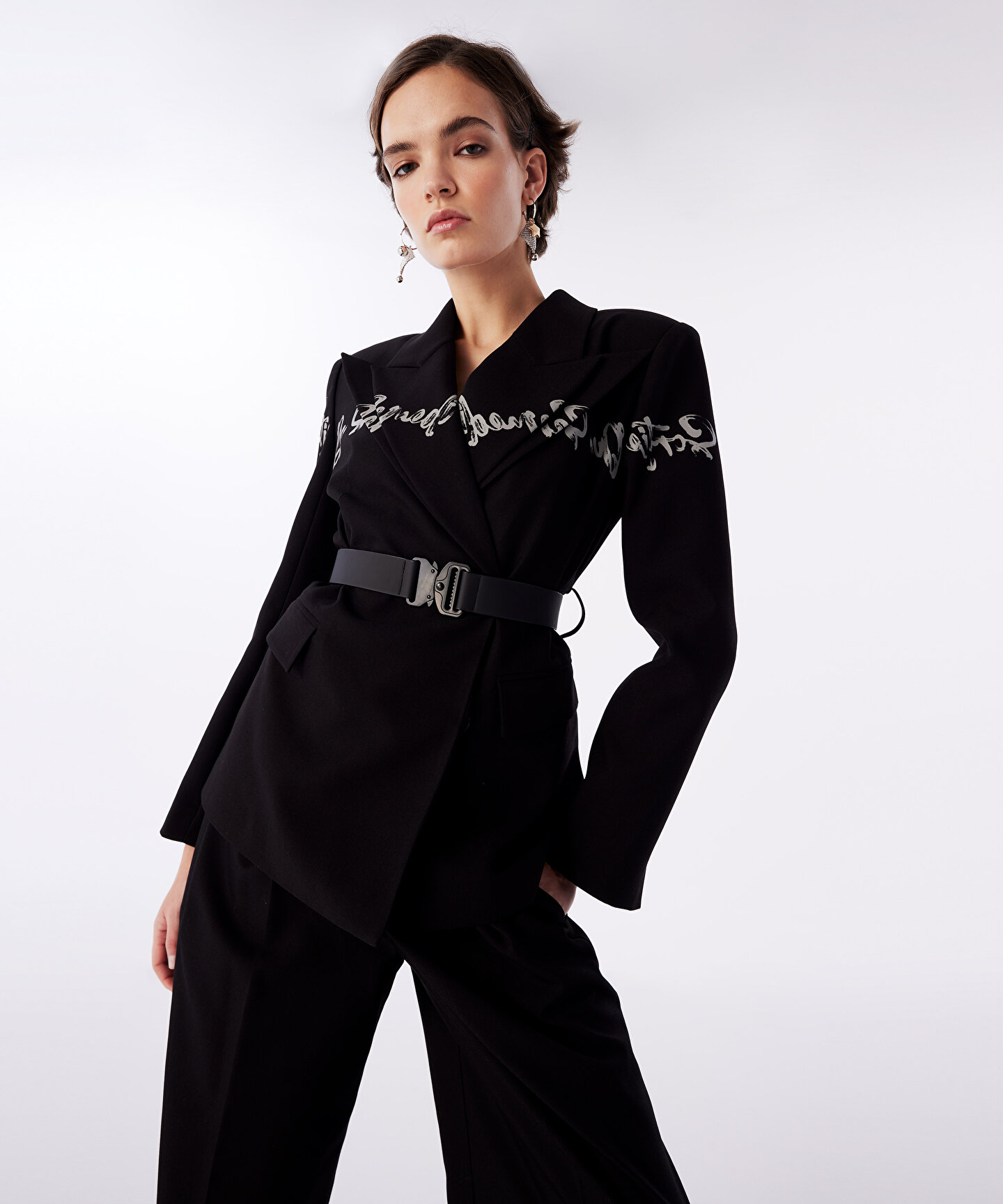 Siyah KEMER AKSESUARLI SLOGANLI BLAZER TS1240106020001 | TWIST